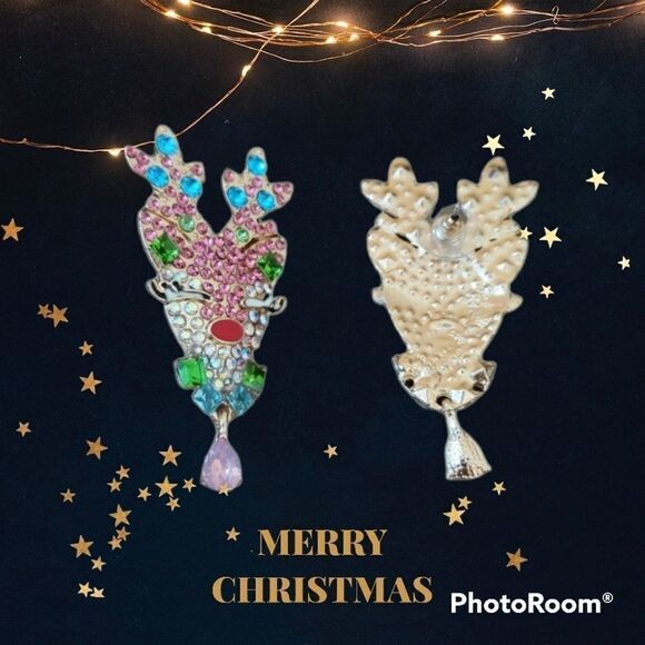 Cb#1 REINDEER RHINESTONE CHRISTMAS EARRINGS - Picture 2 of 6